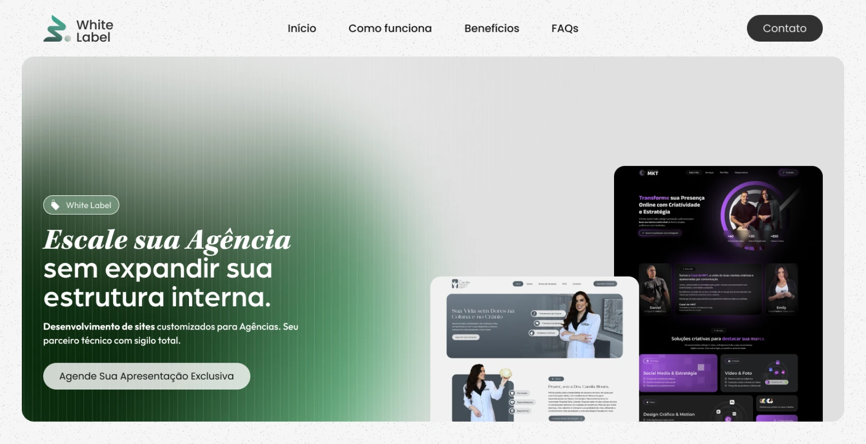Captura da tela inicial da Landing Page White Label, focada em alta conversão e design minimalista.
